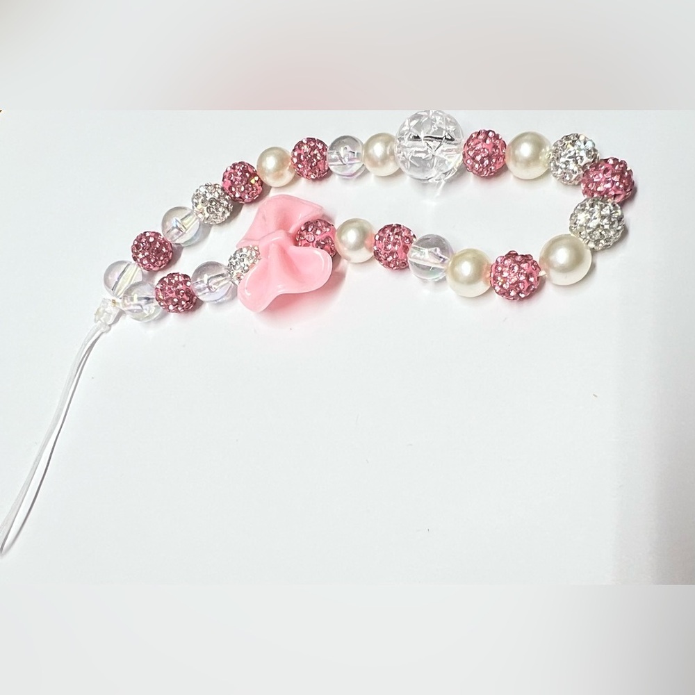 Pink and White Beaded Phone chain with Bow